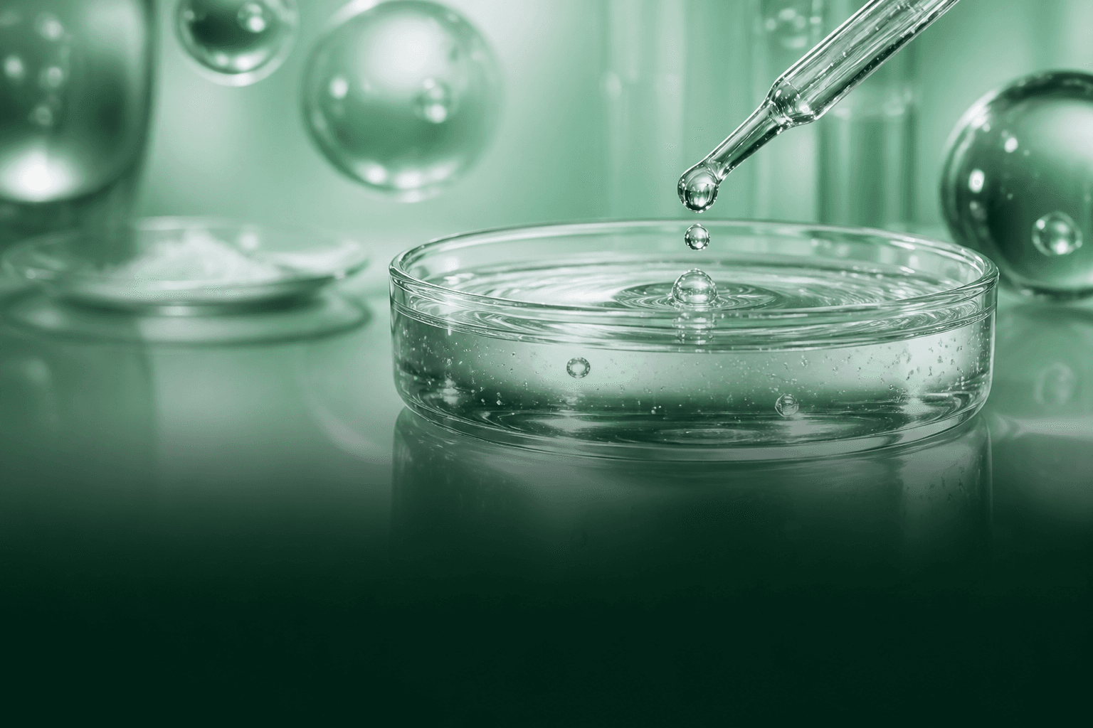 Clear advanced skin active solution in a glass dish with pipette