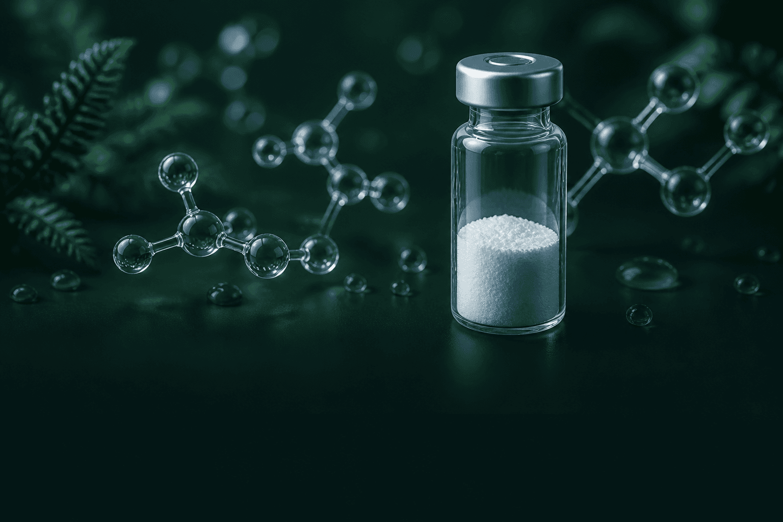 Clear laboratory vial containing fine white cosmetic peptide powder