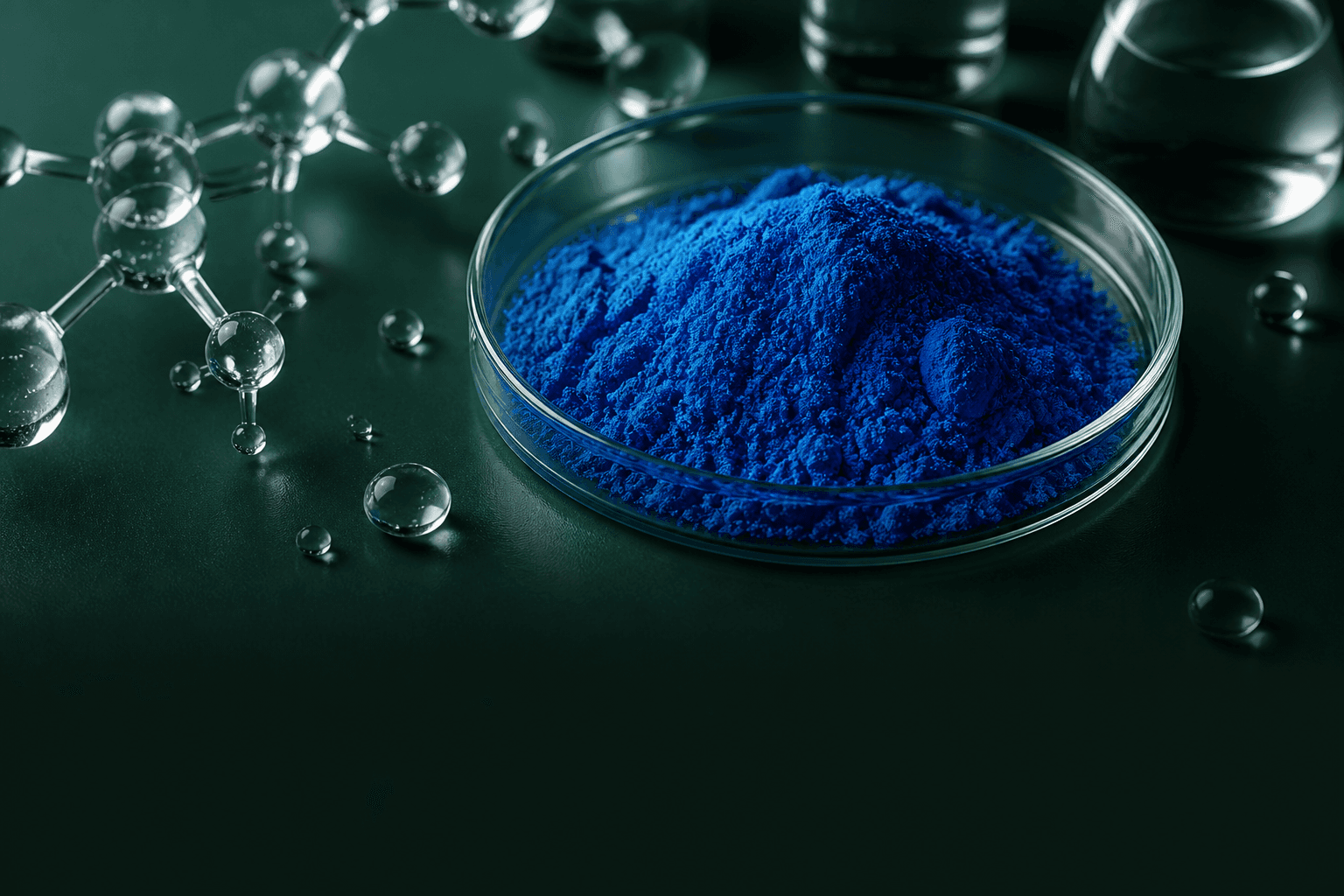Vivid cobalt blue cosmetic peptide powder in laboratory glassware