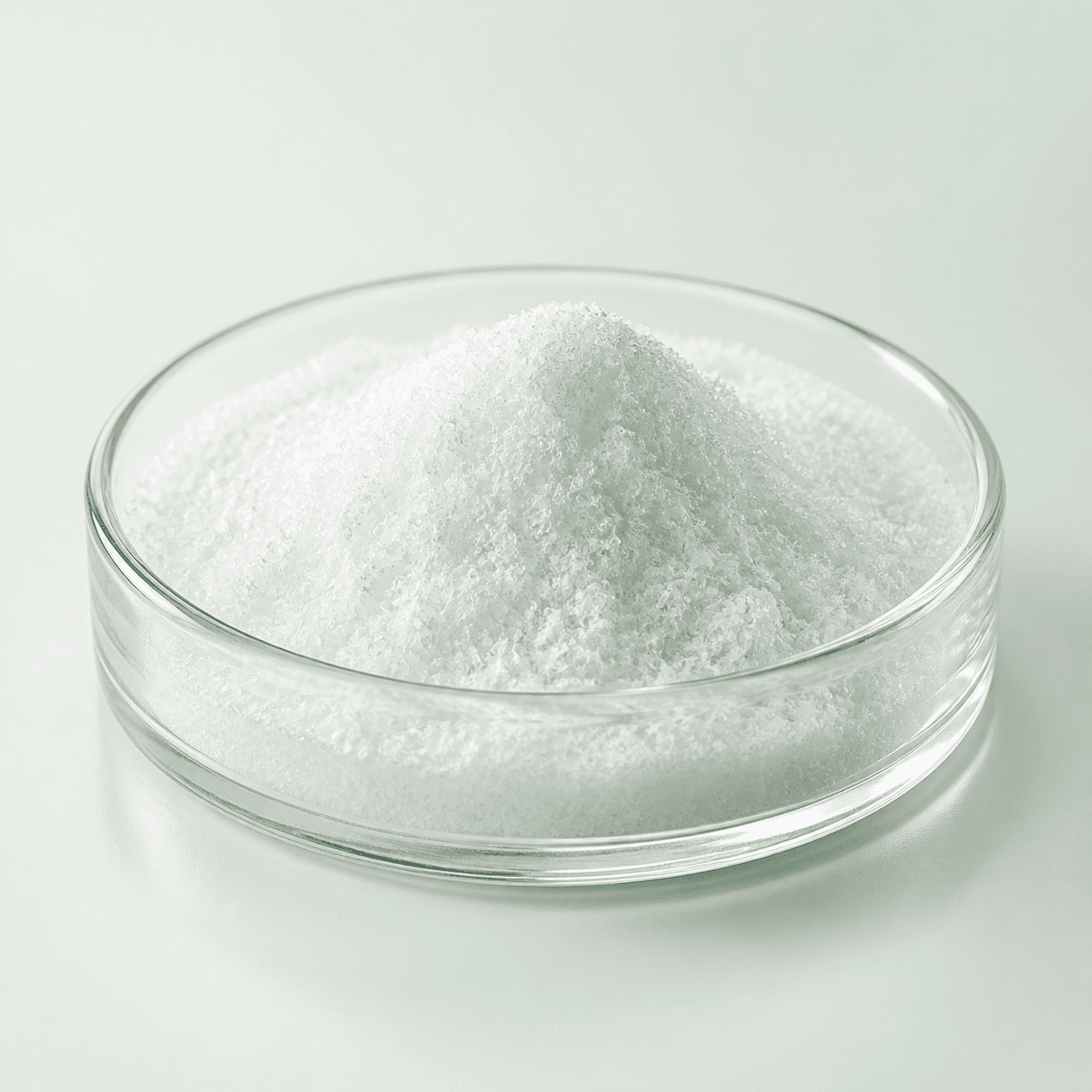 White Ectoin crystalline cosmetic ingredient powder in a glass dish