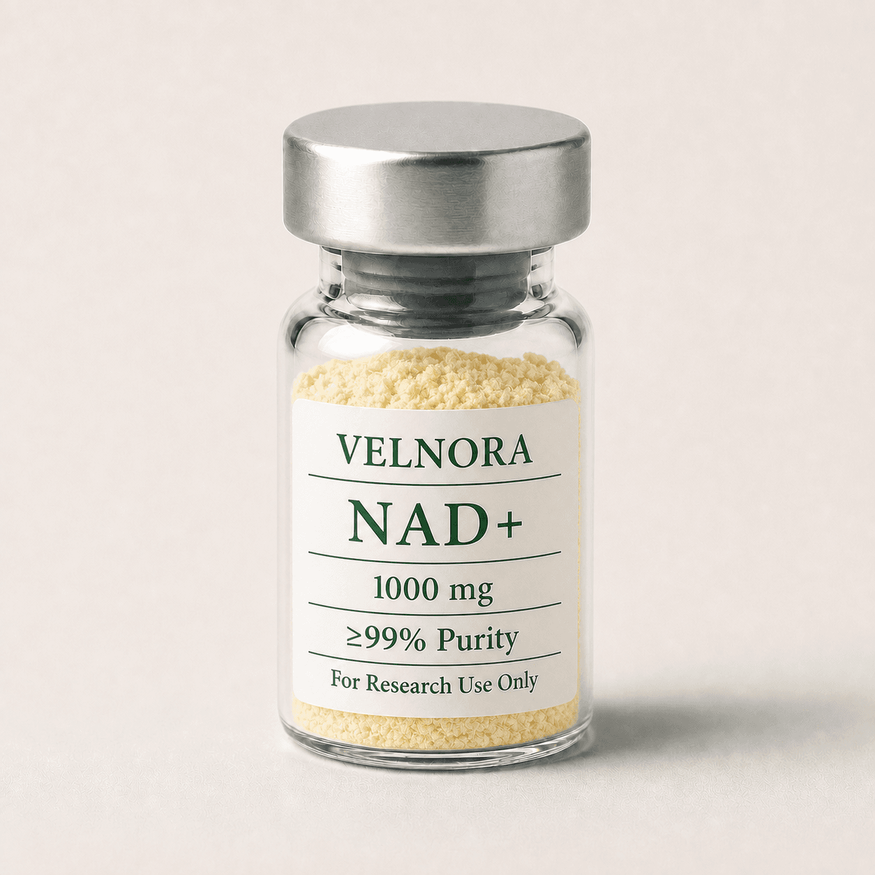 VELNORA NAD plus 1000 mg vial with light-yellow lyophilized powder and ≥99% purity label