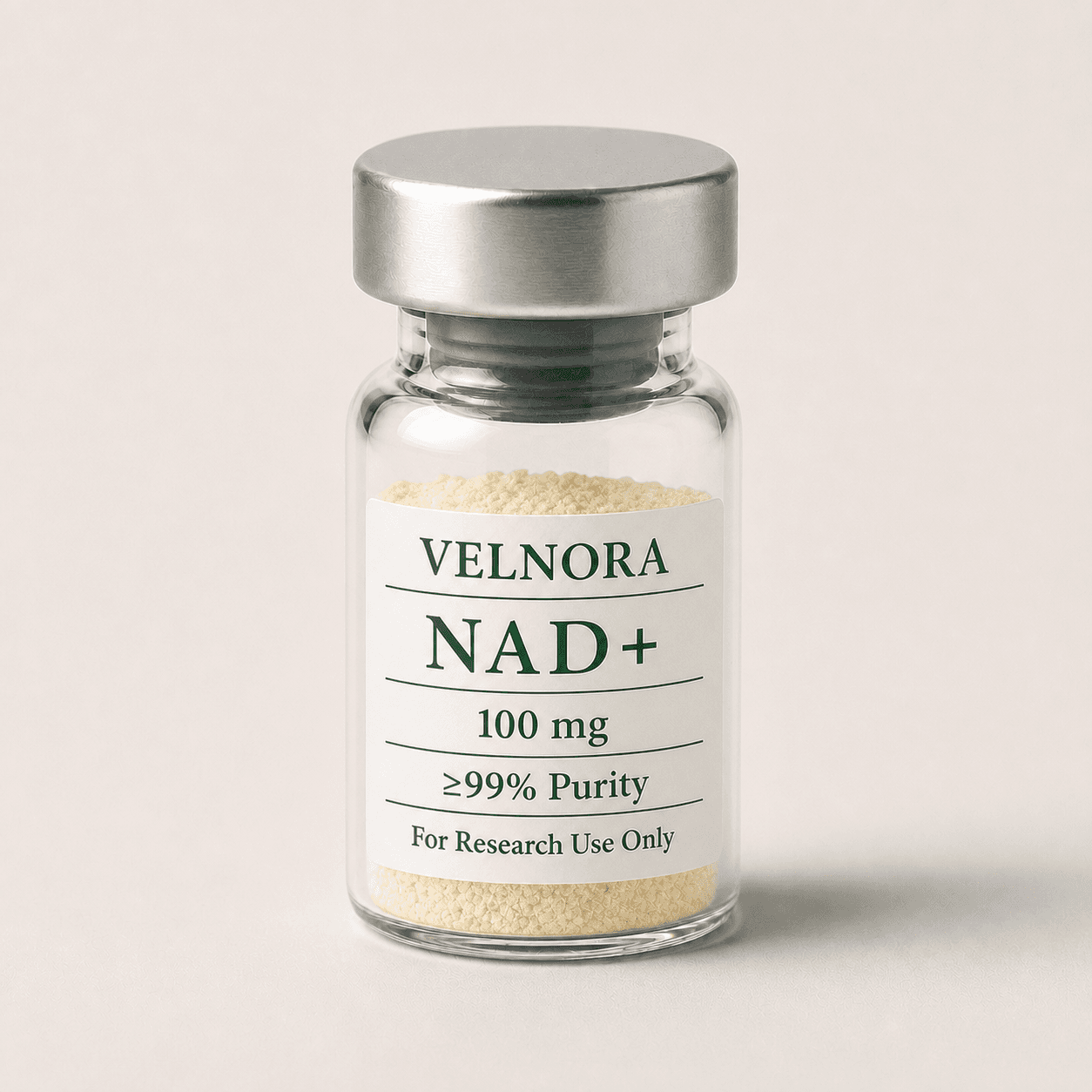 VELNORA NAD plus 100 mg vial with light-yellow lyophilized powder and ≥99% purity label