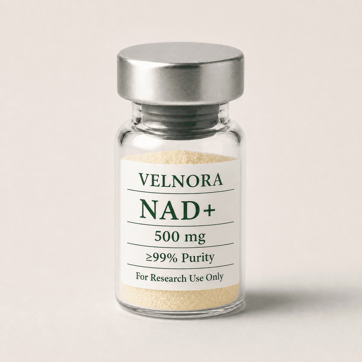 VELNORA NAD plus 500 mg vial with light-yellow lyophilized powder and ≥99% purity label