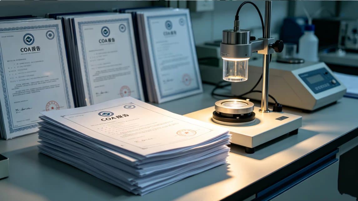 Quality documentation arranged beside laboratory inspection equipment