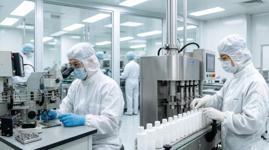 Cleanroom professionals working at laboratory and filling equipment