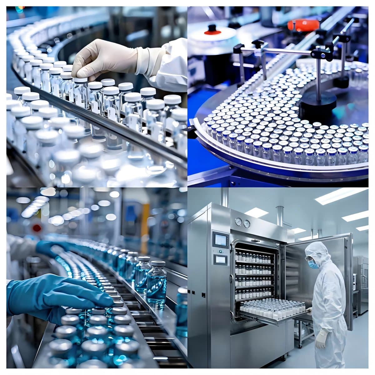 Production gallery showing vial handling, filling and cleanroom equipment operations