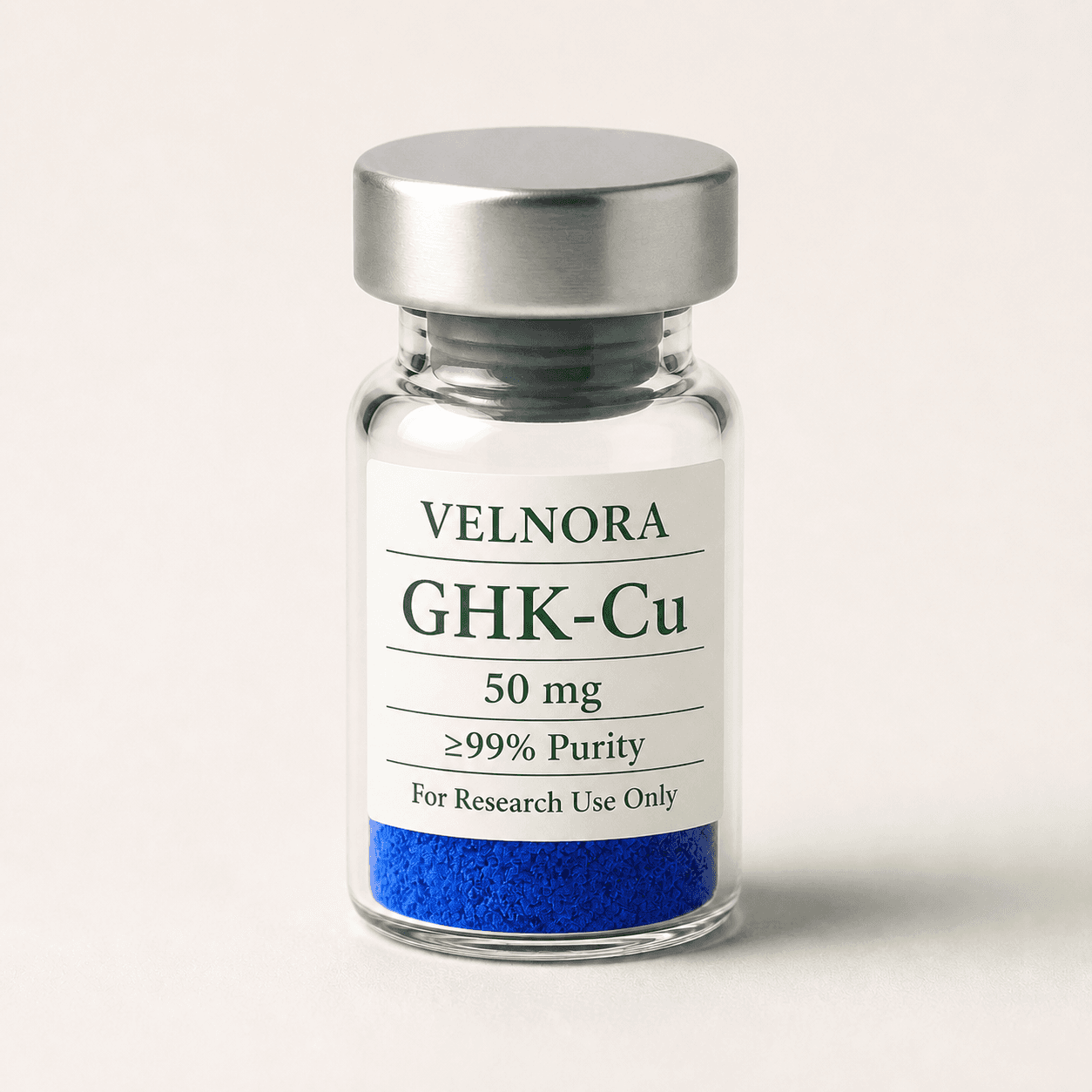 VELNORA GHK-Cu 50 mg vial with blue material and ≥99% purity label