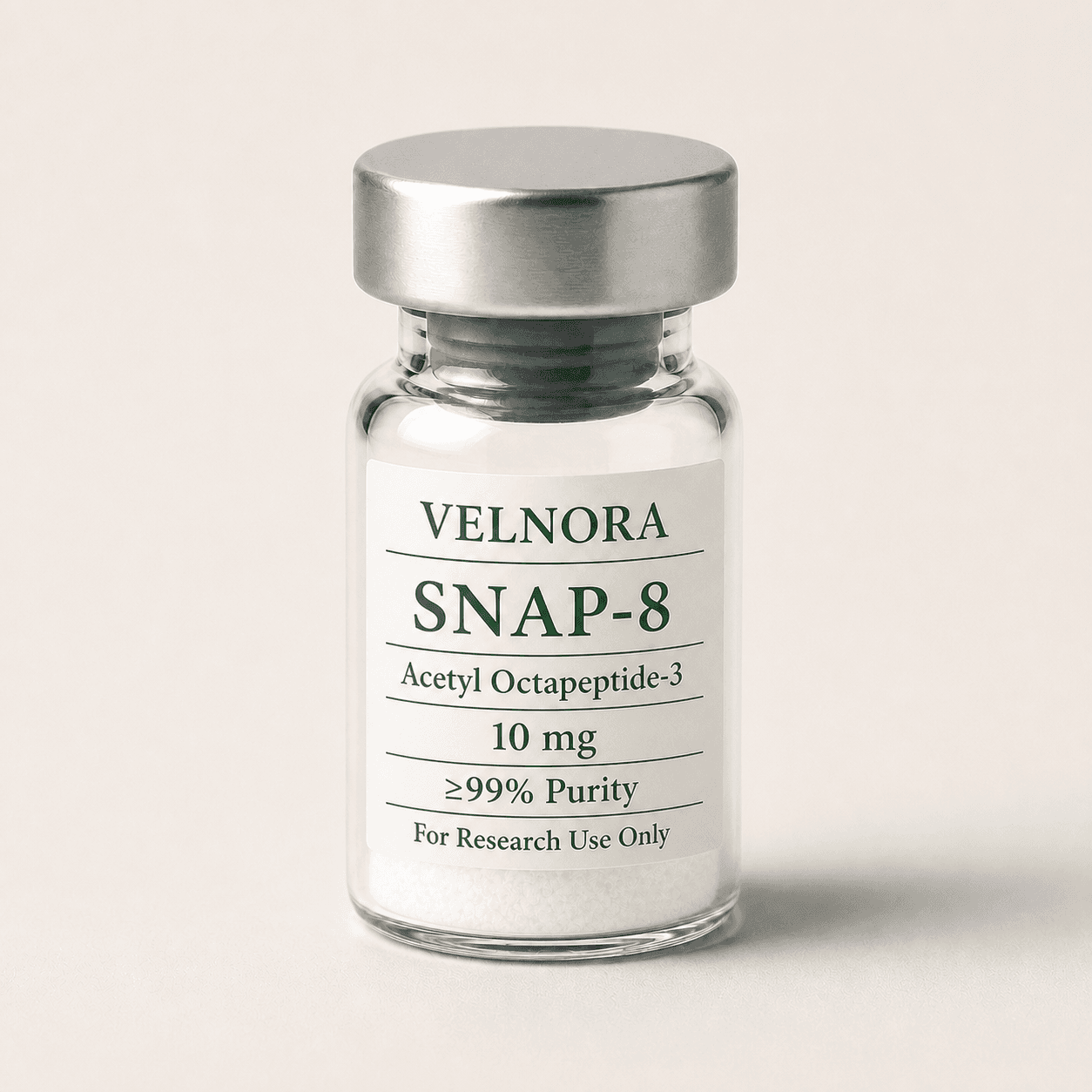 VELNORA SNAP-8 Acetyl Octapeptide-3 10 mg vial with white lyophilized powder and ≥99% purity label